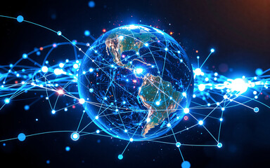 Obraz premium Illuminated Earth globe with glowing blue lines and dots around it. Represents global network, connection, and digital technology.
