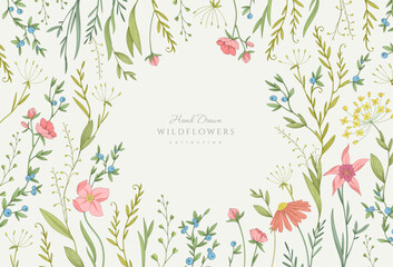 Retro colorful floral art with detailed various flowers and foliage, intricate details and delicate forms. Elegant botanical background or invitation card. Hand drawn vector illustration