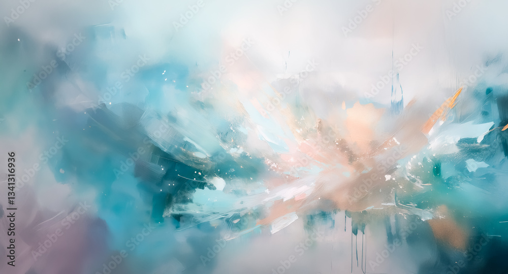 Aufkleber Abstract artwork with blended soft hues of blue, white, and orange, creating a gentle and airy atmosphere with dynamic brush strokes and fluid motion.