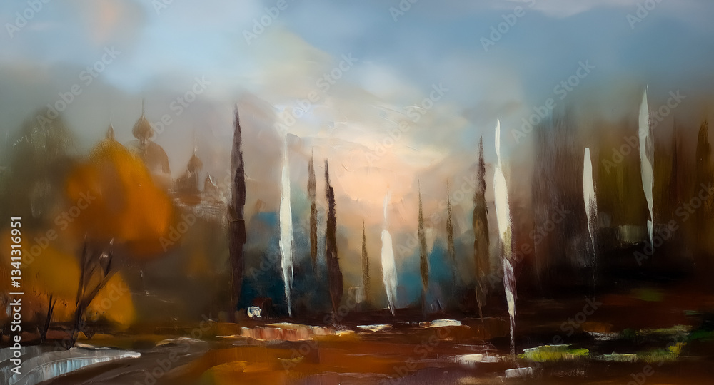 Poster impressionistic artwork of a landscape with trees reflected in water. soft warm tones and blurry det