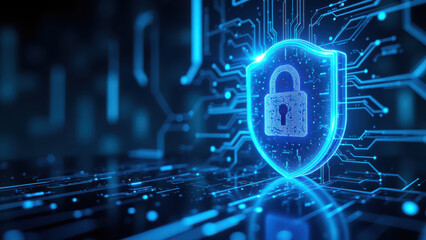 A digital lock icon with a blue technology background representing cybersecurity and data protection.