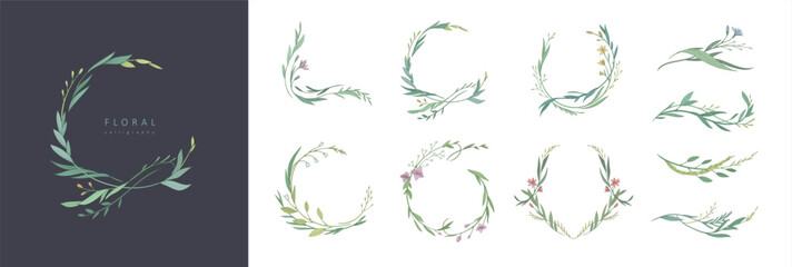 Set of elegant calligraphic botanical design elements, floral frame and graceful branches. Wedding wildflowers for invitation save the date card. Botanical feminine rustic vector illustration