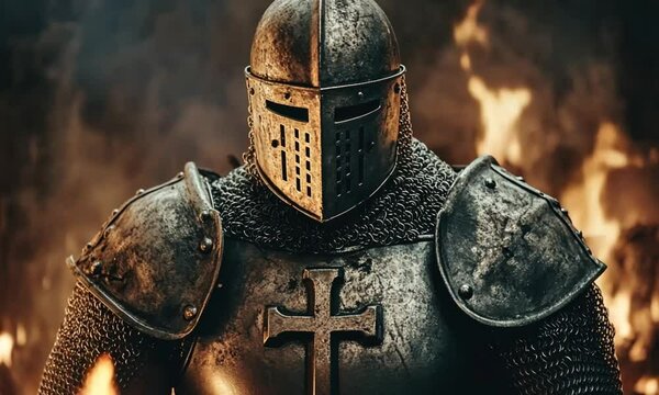 Crusader Knight in Flames: A Medieval Warrior's Fiery Gaze