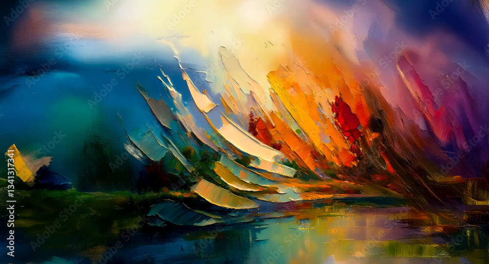 Aufkleber dynamic abstract painting featuring bold brushstrokes and vibrant colors. it evokes a dramatic lands
