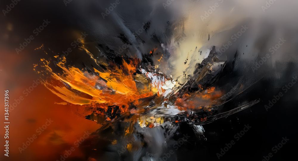 Aufkleber abstract burst of vibrant orange and yellow hues amidst dark shades of grey and black, creating a dr