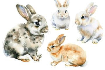 Watercolor set of six bunnies in different colors and positions