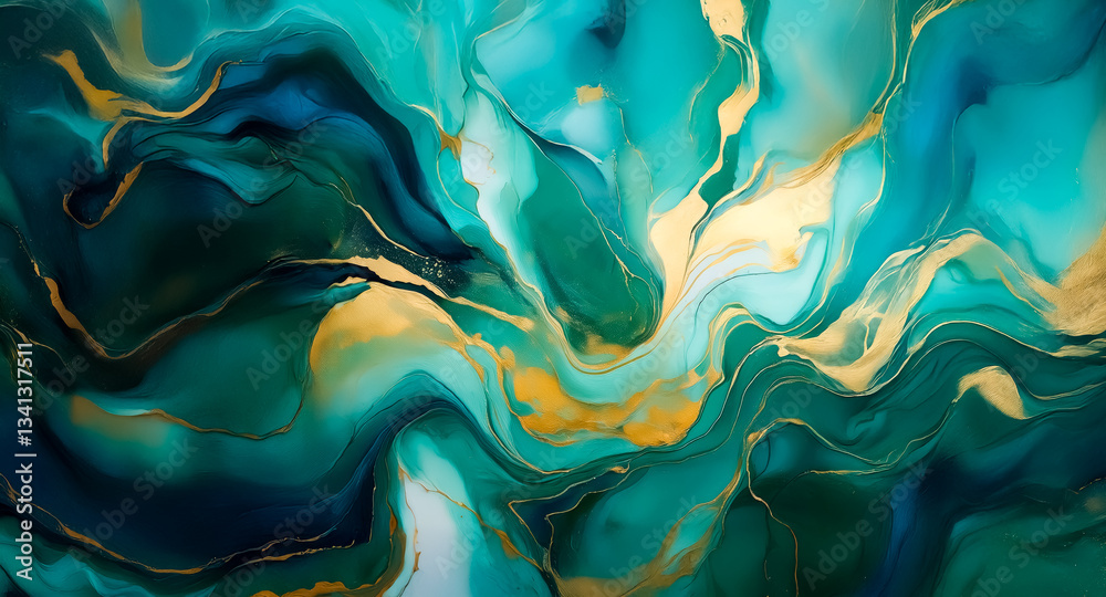 Poster abstract artwork featuring swirling emerald and gold colors. fluid motion and rich texture are showc