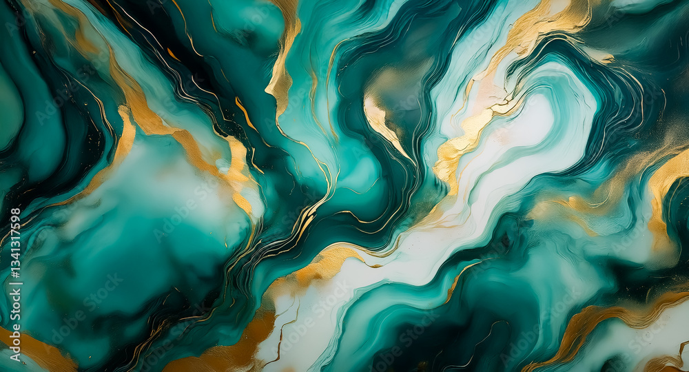 Aufkleber an abstract background features swirling teal and white hues, accented with elegant gold veins creat
