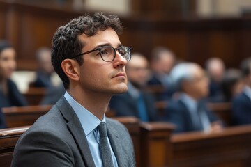 Politician listening attentively during parliamentary session in assembly hall