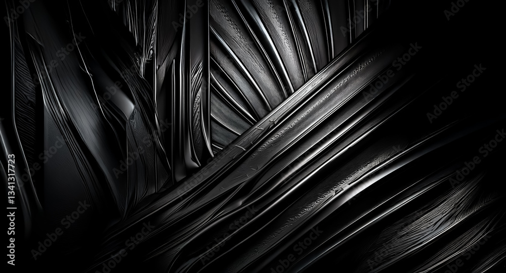 Poster Abstract dark image features shiny, folded and curved elements, creating a dynamic and textured background.