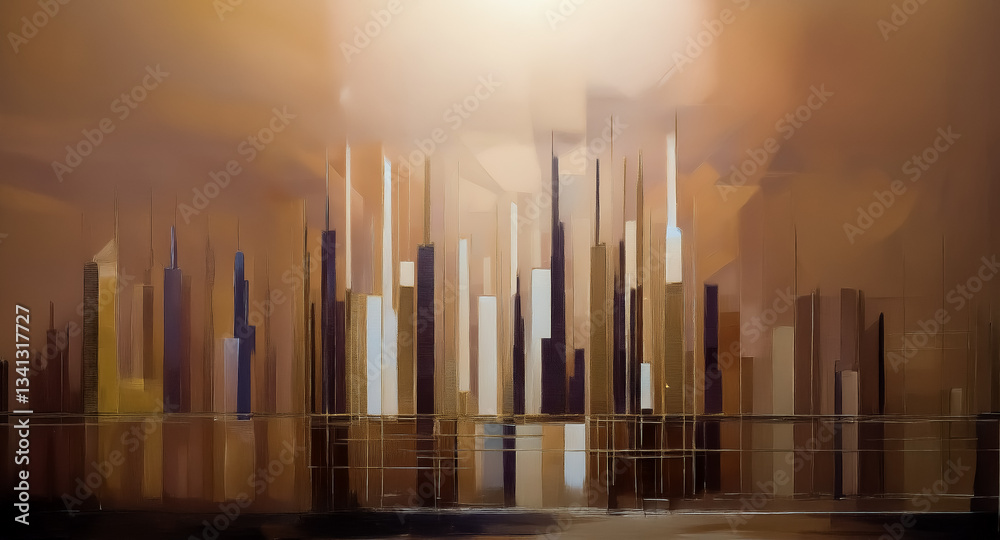 Aufkleber abstract cityscape with vertical shapes in beige and brown hues. vertical lines suggest buildings ag