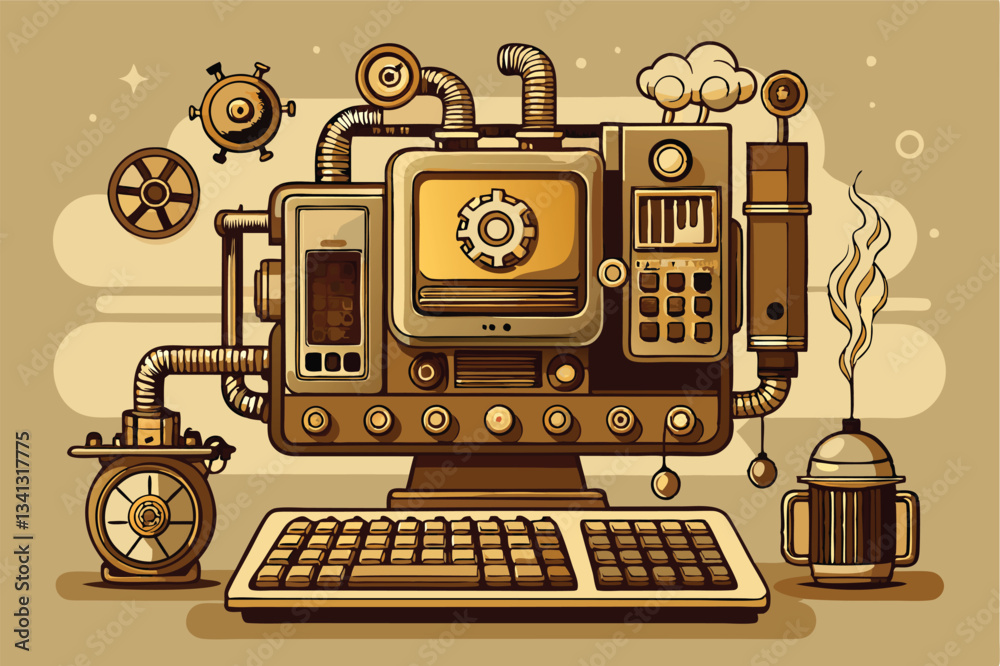 Leinwandbilder Vintage-inspired vector illustration of a retro computer setup with mechanical elements and steampunk design features integrated in a unique arrangement