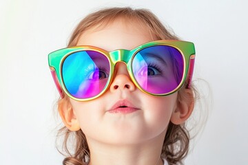 A cute toddler girl with big, colorful iridescent sunglasses looks up in wonder.