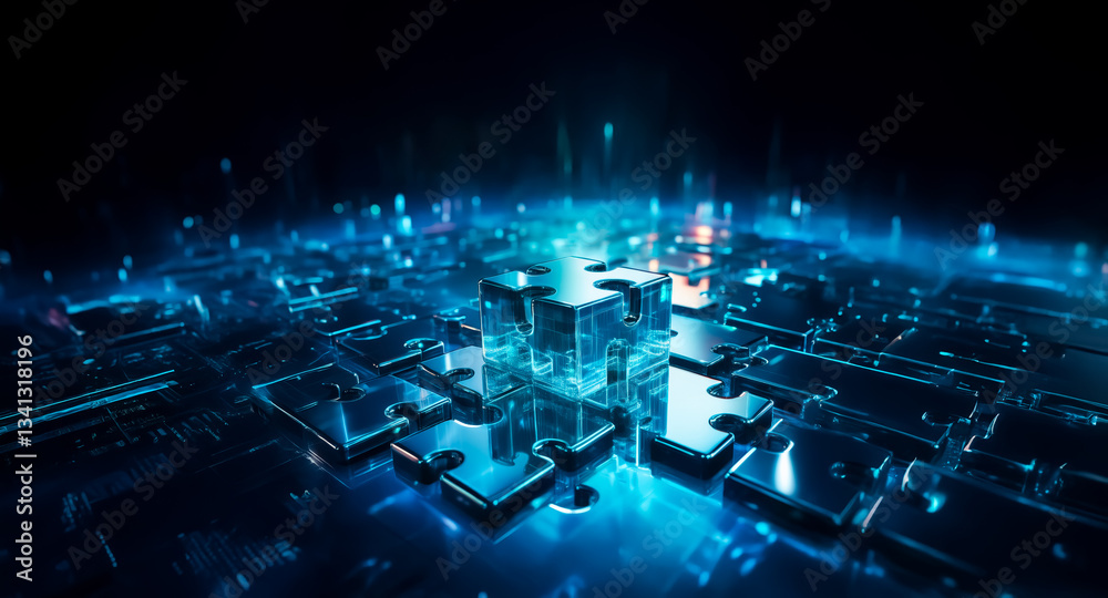 Poster futuristic digital puzzle pieces glow in blue, connecting on a tech surface. concept of technology, 