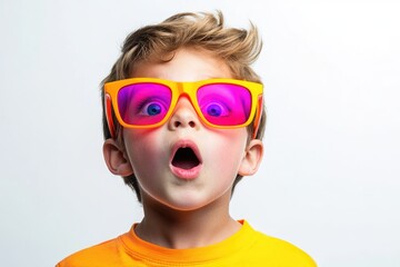 A surprised boy with bright yellow sunglasses and an open mouth, wearing an orange shirt.