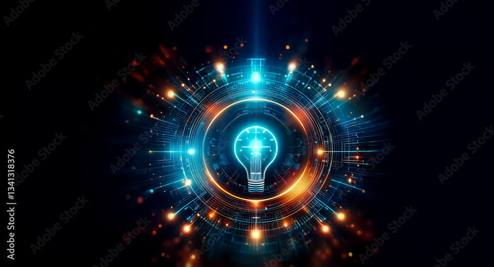 Poster a glowing lightbulb emits bright rays, encircled by digital rings and luminous particles against a d