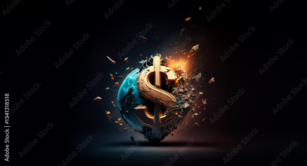 Poster golden dollar symbol fracturing atop a world globe, set against a stark dark backdrop, symbolizing f