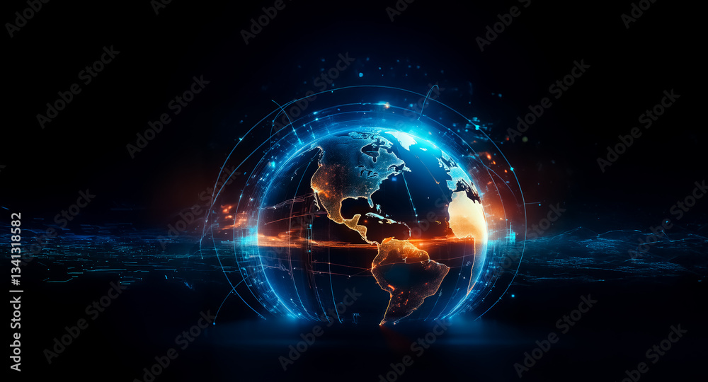 Poster a glowing digital globe with blue and orange lights is set against a dark backdrop, symbolizing glob