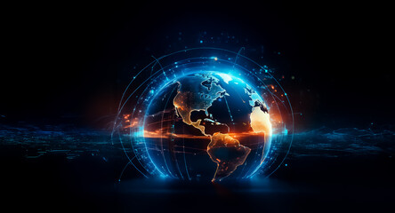 A glowing digital globe with blue and orange lights is set against a dark backdrop, symbolizing global connectivity and futuristic technology.