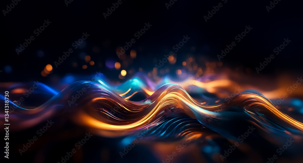 Poster Abstract waves of blue and orange light gently undulate across a dark surface. Soft bokeh lights enhance the dreamy and elegant atmosphere of the dynamic scene.