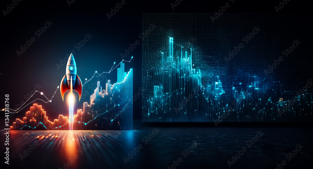 Poster rocket launching into digital financial growth, amidst abstract blue city skyline. futuristic tech a