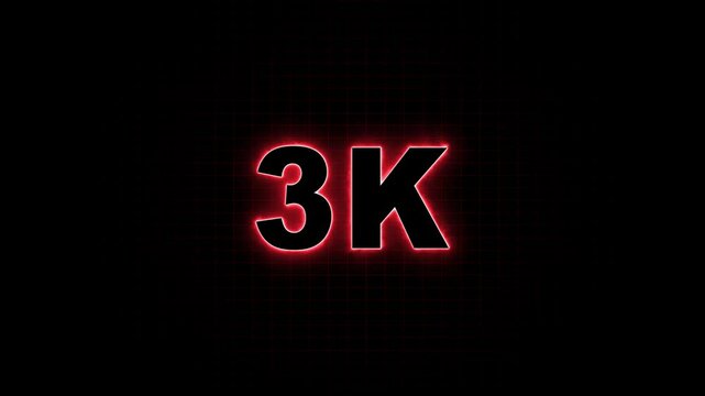 glowing neon 3K text animation on black background. 3k Followers Celebration text animation.