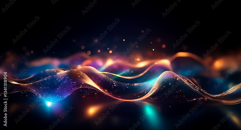 Aufkleber abstract glowing waves in vibrant hues of blue, orange, and purple cascade across a dark backdrop, c
