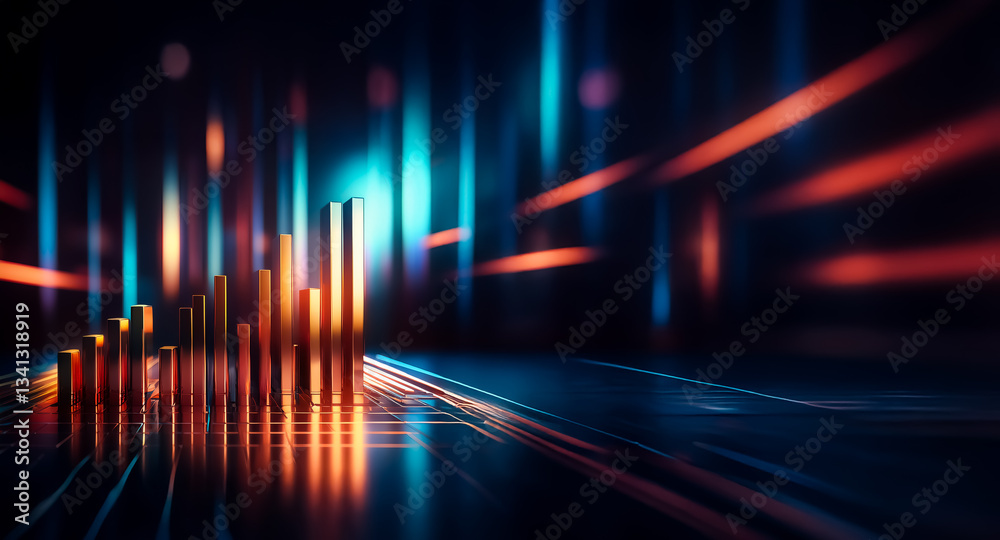 Poster golden bars form a graph on a reflective surface with blurred blue and orange light streaks. futuris