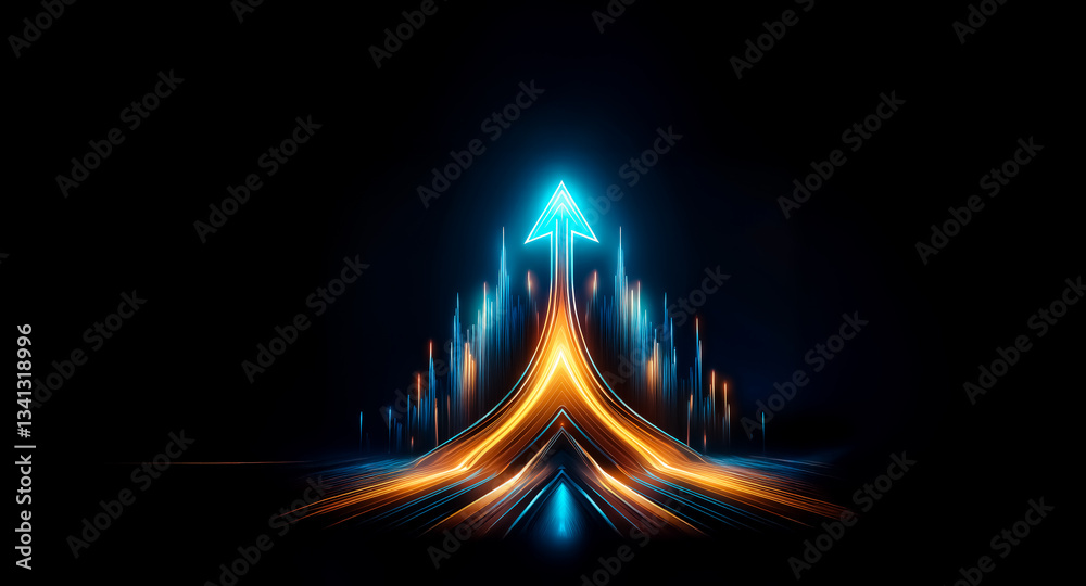 Fototapete Dynamic upward arrow with glowing blue and orange trails against a dark backdrop.  Motion blur effect suggests speed and progress.