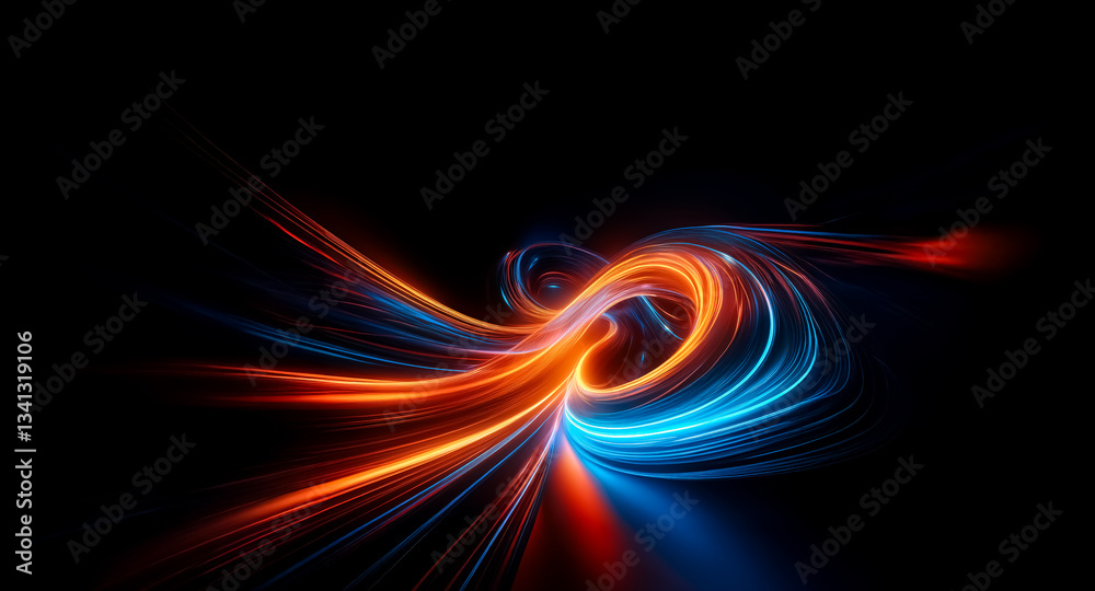 Poster vibrant streaks of blue and orange light intertwine and swirl dynamically against a stark black back