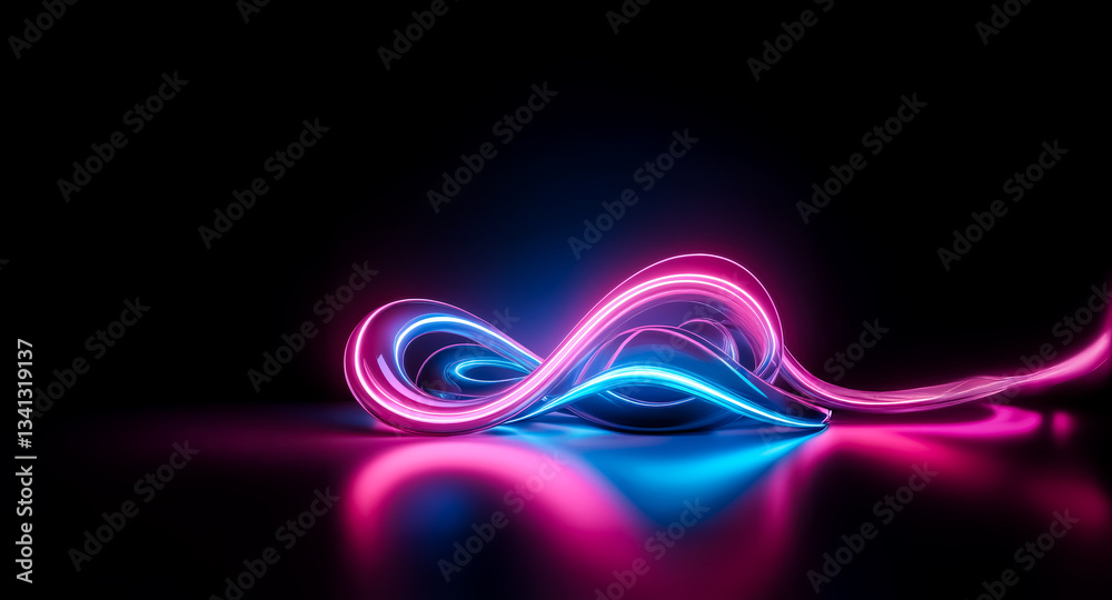 Poster Abstract glowing neon lines flow and curve elegantly on a dark reflective surface, creating a futuristic and dynamic light painting effect.