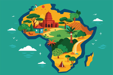 Vibrant vector illustration depicting the diverse landscapes and landmarks of Africa featuring mountains, trees, and cultural symbols under a blue sky