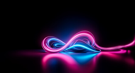 Abstract glowing neon lines flow and curve elegantly on a dark reflective surface, creating a futuristic and dynamic light painting effect.