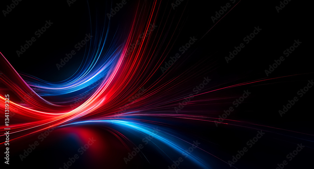 Poster Abstract light trails in red and blue hues streak across a dark backdrop, creating a dynamic and energetic flow.  Vibrant illumination suggests speed and motion in this abstract composition.