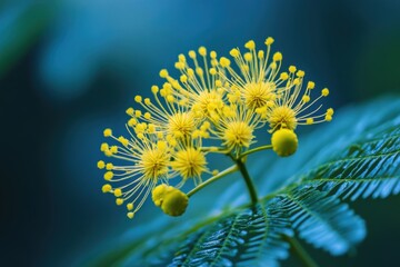 Vibrant yellow powder puff flower blooming in nature with blurred background