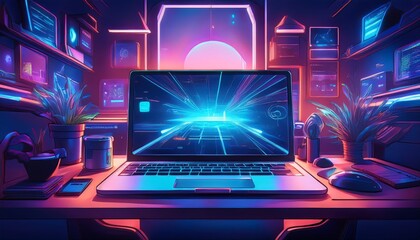 Futuristic workspace with a sleek laptop, holographic interface projections