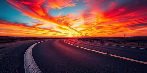 Naklejka premium Asphalt ribbon unwinds towards a vibrant sunrise, sky ablaze with color, straight, daybreak
