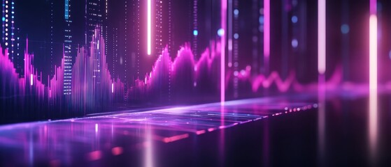 A vibrant digital visualization featuring abstract graphs and lines in shades of pink and purple, representing data flow and technology.