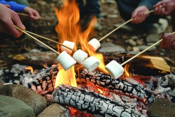 Friends roasting marshmallows over a campfire in a cozy outdoor setting.