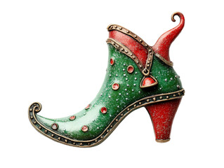 A whimsical green and red elf shoe adorned with decorative elements and a curled toe.