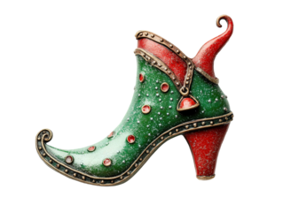A whimsical green and red elf shoe adorned with decorative elements and a curled toe.