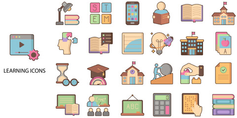 Learning simple concept 24 color icons set. Contains such minimal, education, cognition, skill, growth .Vector illustration.