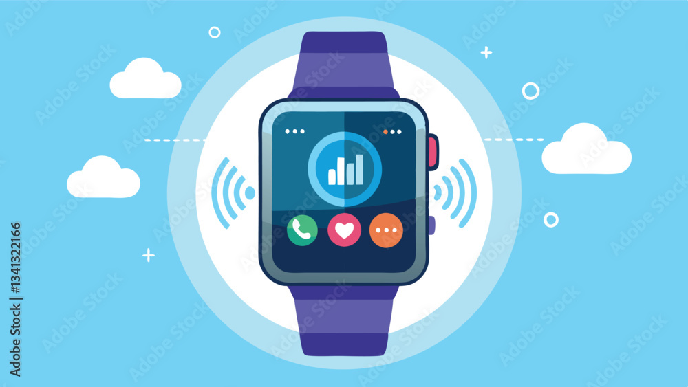 Leinwandbilder smartwatch displaying music visualization with sound waves on a vibrant purple background, showcasin