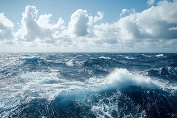 Dramatic ocean waves crashing under cloudy sky