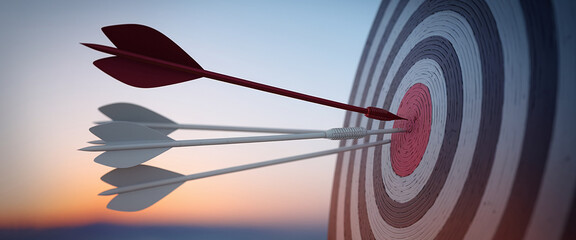 Close-up of arrows hitting a dartboard's bullseye, showcasing achievement and precision, symbolizing success, accuracy, and goal attainment