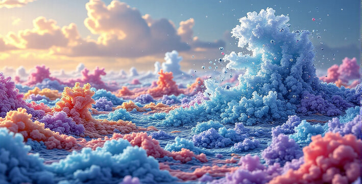 Surreal Ocean Landscape with Abstract Waves and Clouds