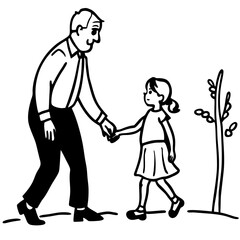 Silhouette vector illustration of a grandfather walking in the park with his granddaughter, symbolizing love, wisdom, and family bonding