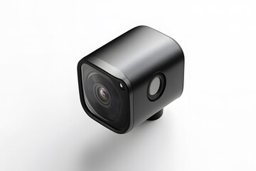 Black square CCTV camera placed on white background, modern surveillance technology with sharp lens focus, ideal for security, monitoring, and home or office protection solutions