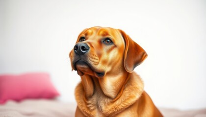 A well-behaved brown dog sits patiently against a soft, blurred background, illustration, brown dog