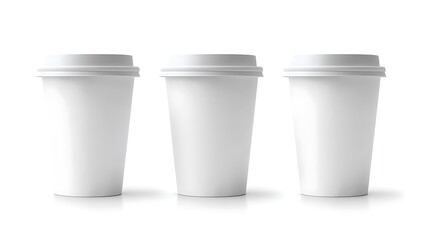 Three Blank White Takeaway Coffee Cups Mockup, Isolated on White Background